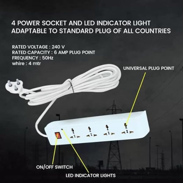 Swarg Homes(White) 4+1 Power Strip with Master Switch, 4 Universal Sockets Extension Board, 6AMP Output, 240 Volts, 3.5 Meter Cord Length, Power Indicator - Image 6