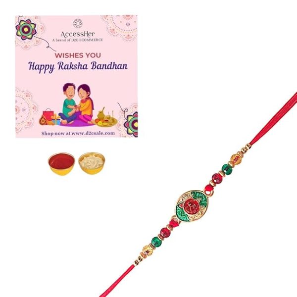 ACCESSHER Traditional Multicolour Menakari Om/Aum Rakhi for Beloved Brother & Gifting with Roli Kumkum Packets & Happy Rakshabandhan Card - Image 5