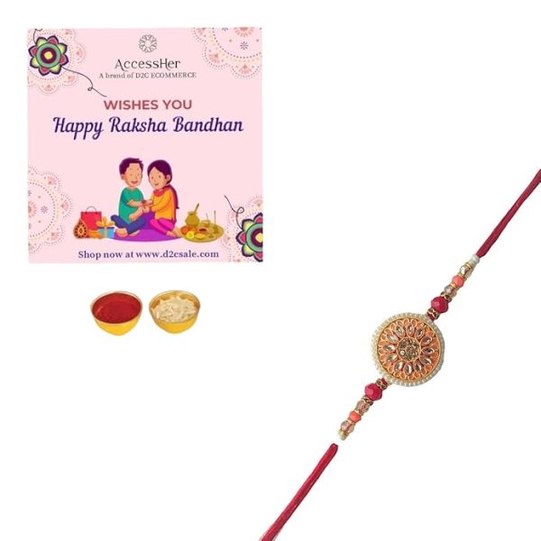 ACCESSHER Traditional Meenakari & Semi Precious Stones Studded Statement Rakhi for Beloved Brother/Gifting with Roli Kumkum Packets & Happy Rakshabandhan Card - Image 4