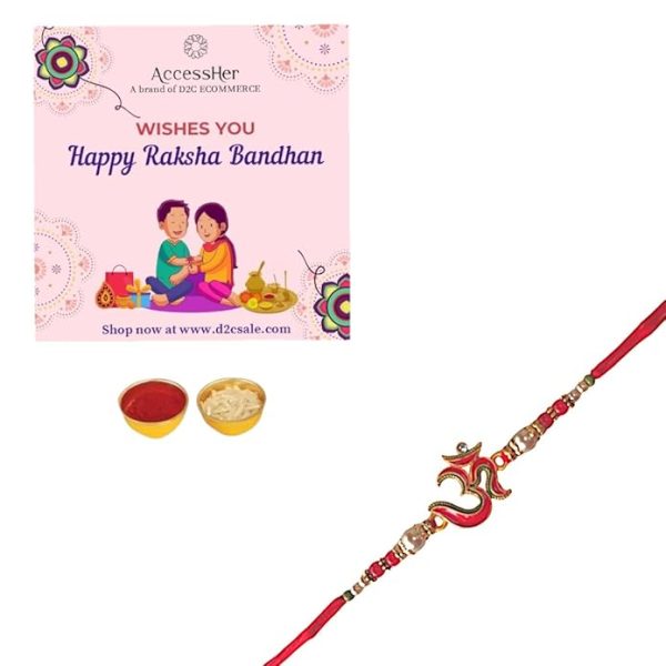 ACCESSHER Mens Traditional Meenakari Embedded Delicate Om/Aum Rakhi for Beloved Brother & Gifting with Roli Kumkum Packets & Happy Rakshabandhan Card - Image 3