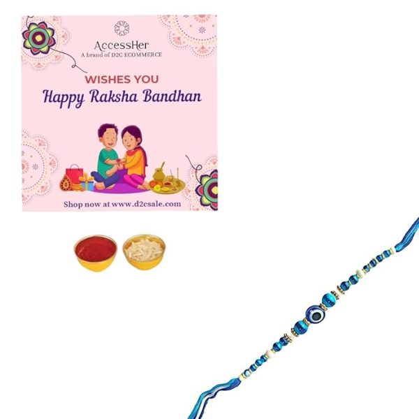 ACCESSHER Quirky Delicate Evil Eye Blue Rakhi for Beloved Brother, Kids & Gifting with Roli Kumkum Packets & Happy Rakshabandhan Card (Pack of 1) - Image 3