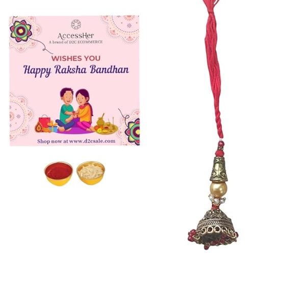 ACCESSHER Unisex Traditional Lumba Rakhi with Intrictate Jhumka for Beloved Bhabhi & Gifting with Roli Kumkum Packets & Happy Rakshabandhan Card (Pack of 1) - Image 3