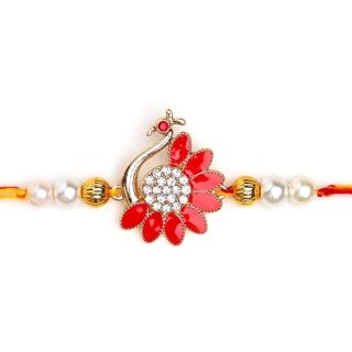 ACCESSHER Mens Traditional Gold Plated Semi Precious Enamel Peacock Rakhi for Beloved Brother Pack of 1 with Roli Kumkum Packets and Happy Rakshabandhan Card