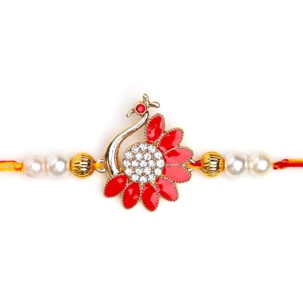 ACCESSHER Mens Traditional Gold Plated Semi Precious Enamel Peacock Rakhi for Beloved Brother Pack of 1 with Roli Kumkum Packets and Happy Rakshabandhan Card