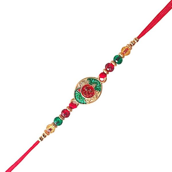 ACCESSHER Traditional Multicolour Menakari Om/Aum Rakhi for Beloved Brother & Gifting with Roli Kumkum Packets & Happy Rakshabandhan Card - Image 5