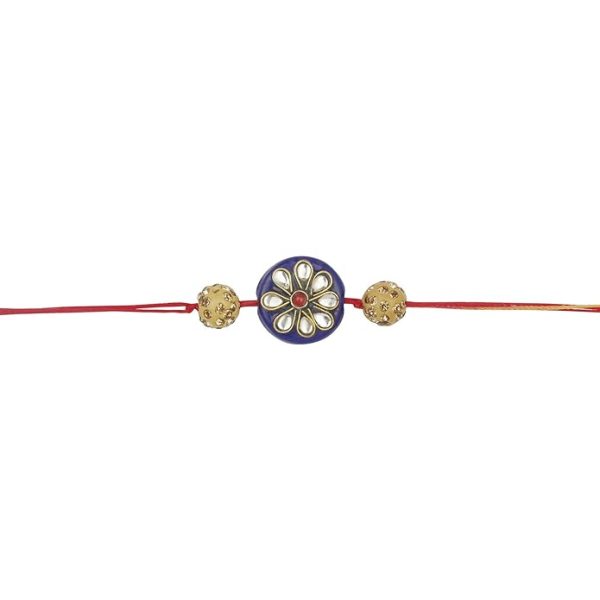 ACCESSHER Blue Enamel Kundan Rakhi with Rhinestone Detailing - Gift Set with Roli, Kumkum & Greeting Card