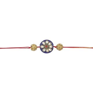 ACCESSHER Mens Traditional Blue Enamel Rhinestone Kundan Rakhi for Brother Pack of 1 with Roli Kumkum Packets and Happy Rakshabandhan Card || Latest Rakhi for Brother