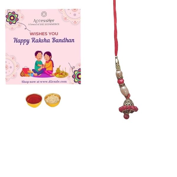 ACCESSHER Unisex Traditional Lumba Rakhi with Delicate Jhumka for Beloved Bhabhi/Gifting with Roli Kumkum Packets & Happy Rakshabandhan Card (Pack of 1) - Image 4