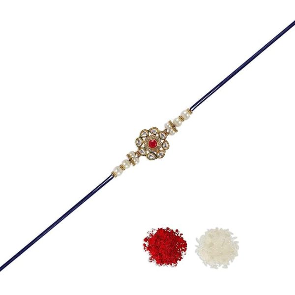ACCESSHER Embrace Tradition Kundan Rakhi - Red Ruby Floral Design for Brother, Comes with Roli/Kumkum Packets, Rice and Raksha Bandhan Card | Latest Rakhi for Brother - Image 2