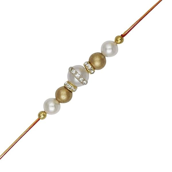 ACCESSHER Traditional Delicate Gold Beads Rakhi for Brother & Gifting | Rakhi for Brother Pack of 1 with Roli Kumkum Packets and Happy Rakshabandhan Card | Latest Rakhi for Brother - Image 2