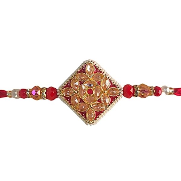 ACCESSHER Traditional Semi Precious Stones Studded Statement Rakhi for Beloved Brother & Gifting with Roli Kumkum Packets & Happy Rakshabandhan Card - Image 3