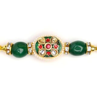 ACCESSHER Mens Traditional Gold Plated Semi Precious Stones Meenakari Rakhi for Beloved Brother Pack of 1 with Roli Kumkum Packets and Happy Rakshabandhan Card