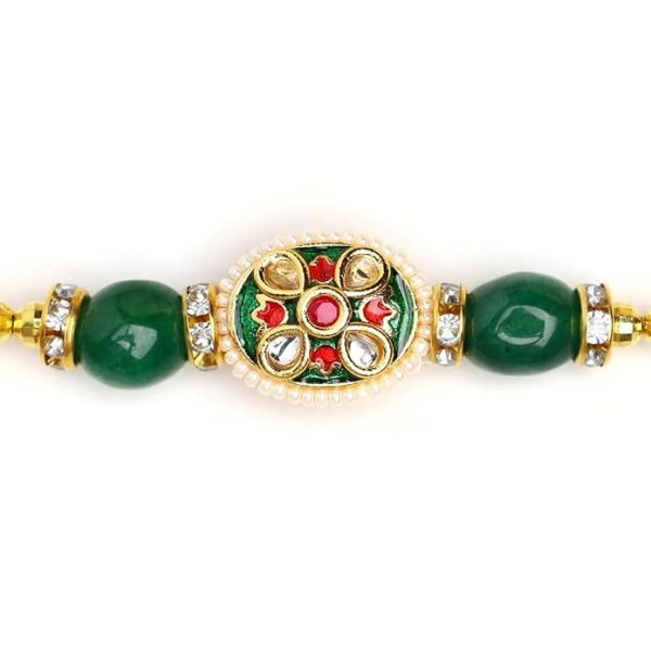 ACCESSHER Mens Traditional Gold Plated Semi Precious Stones Meenakari Rakhi for Beloved Brother Pack of 1 with Roli Kumkum Packets and Happy Rakshabandhan Card - Image 2