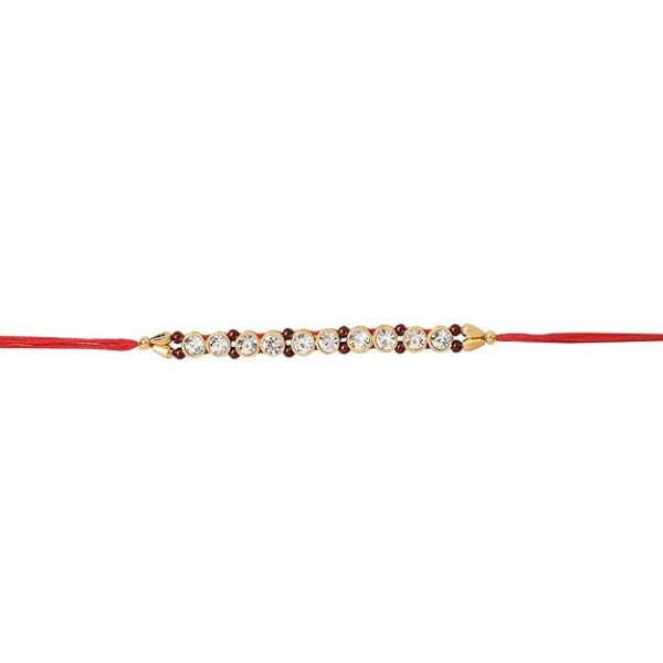 ACCESSHER Unisex Elegant Gold Plastic Rakhi Set with Acrylic Pooja Thali, Roli Kumkum and Happy Rakshabandhan Card - Image 5