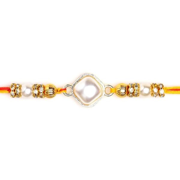 ACCESSHER Mens Traditional Gold Plated Elegant Fresh Water Pearl Rakhi for Beloved Brother Pack of 1 with Roli Kumkum Packets, and Happy Rakshabandhan Card - Image 4