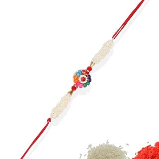 ACCESSHER Traditional Multicolor Pearl Rakhi for Brother Pack of 1 with Roli Kumkum Packets & Happy Rakshabandhan Card