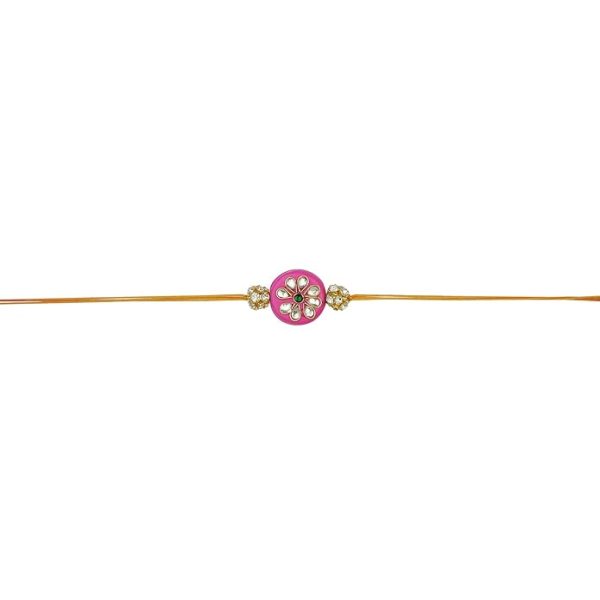 ACCESSHER Mens Traditional Pink Enamel Rhinestone Kundan Rakhi for Brother Pack of 1 with Roli Kumkum Packets and Happy Rakshabandhan Card | Latest Rakhi for Brother - Image 2