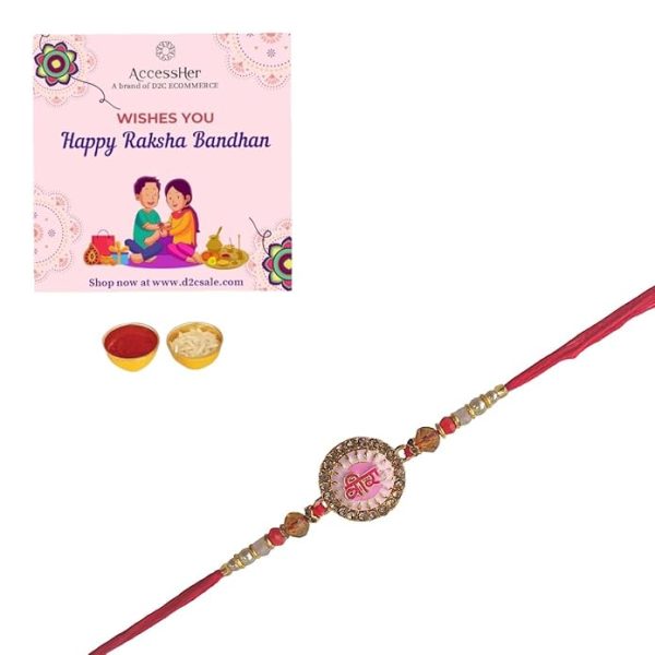 ACCESSHER Mens Pink Meenakari Work Quirky VEERA Text Rakhi for Beloved Brother & Gifting with Roli Kumkum Packets & Happy Rakshabandhan Card (Pink) - Image 4