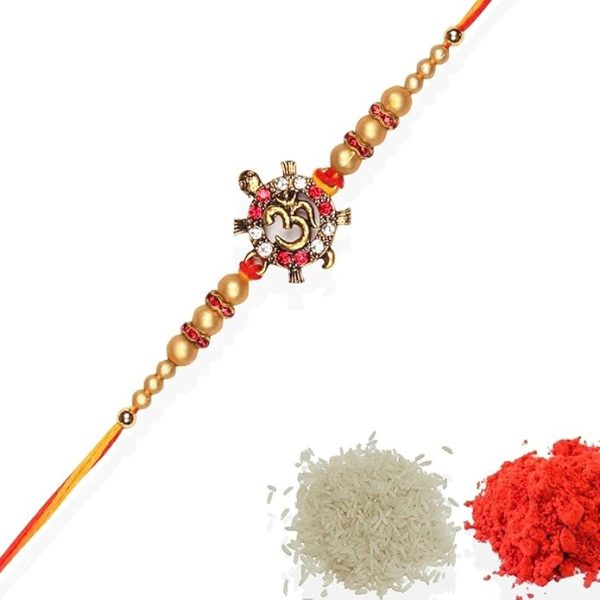 ACCESSHER Elegant Deity Inspired Religious OM Design Rakhi for Brother Pack of 1 with Roli Kumkum Packets & Happy Rakshabandhan Card - Image 2