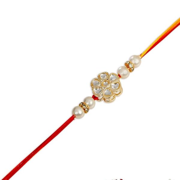 ACCESSHER Mens Traditional Special Handmade White Floral Kundan Rakhi with Beads for Brother Pack of 1 with Roli Kumkum Packets and Happy Rakshabandhan Card for Raksha Bandhan - Image 2