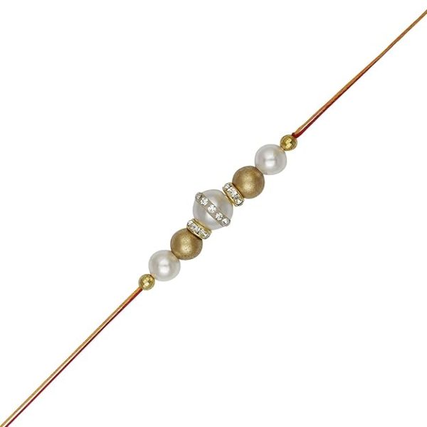 ACCESSHER Mens Traditional Gold & White Plated Stylish Beads Rakhi for Beloved Brother Pack of 2 with Roli Kumkum Packets and Happy Rakshabandhan Card - Image 5
