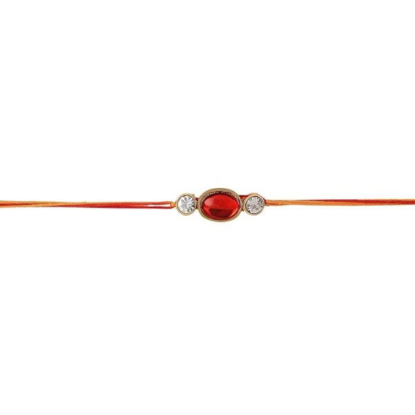 ACCESSHER Mens Traditional Elegant Red Ruby Stones Bhaiyya Bhabhi Rakhi for Beloved Brother Pack of 1 with Roli Kumkum Packets and Happy Rakshabandhan Card - Image 2