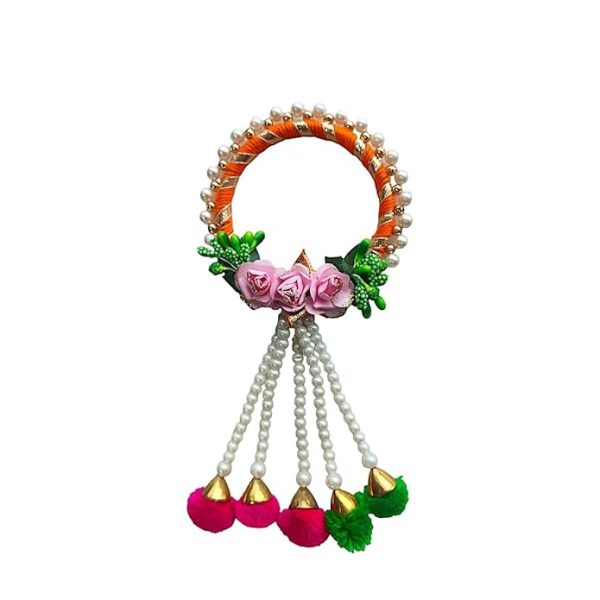 ACCESSHER Unisex Traditional Gota Work Floral Lumba Rakhi with Pom Pom Latkan for Beloved Bhabhi/Gifting with Roli Kumkum Packets & Happy Rakshabandhan Card - Image 4