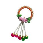 ACCESSHER Unisex Traditional Gota Work Floral Lumba Rakhi with Pom Pom Latkan for Beloved Bhabhi/Gifting with Roli Kumkum Packets & Happy Rakshabandhan Card