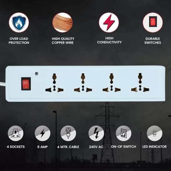 Swarg Homes(White) 4+1 Power Strip with Master Switch, 4 Universal Sockets Extension Board, 6AMP Output, 240 Volts, 3.5 Meter Cord Length, Power Indicator - Image 7
