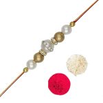 ACCESSHER Traditional Delicate Gold Beads Rakhi for Brother & Gifting | Rakhi for Brother Pack of 1 with Roli Kumkum Packets and Happy Rakshabandhan Card | Latest Rakhi for Brother