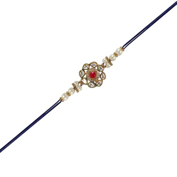 ACCESSHER Embrace Tradition Kundan Rakhi - Red Ruby Floral Design for Brother, Comes with Roli/Kumkum Packets, Rice and Raksha Bandhan Card | Latest Rakhi for Brother - Image 7