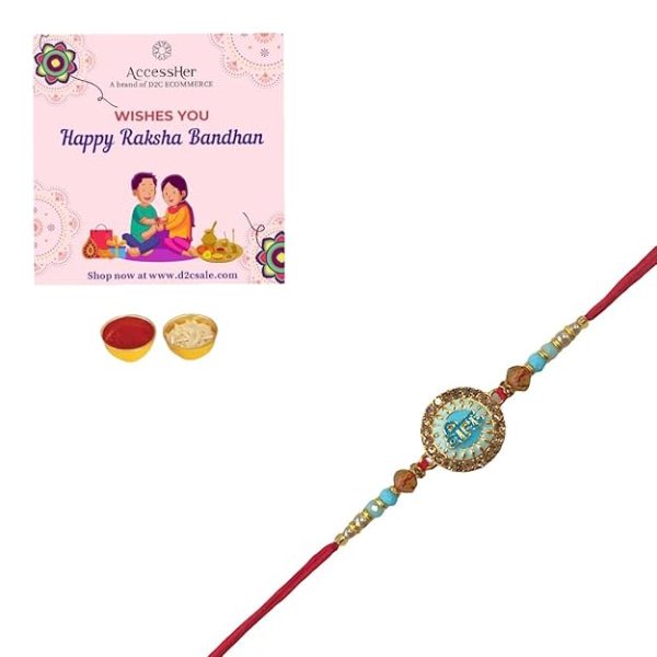 ACCESSHER Mens Blue Meenakari Work Quirky VEERA Text Rakhi for Beloved Brother & Gifting with Roli Kumkum Packets & Happy Rakshabandhan Card (Blue) - Image 4