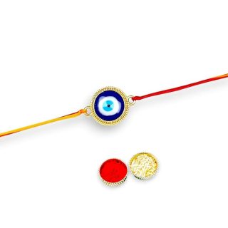 ACCESSHER Mens Delicate Single Thread Elegant and Stylish Evil Eye Rakhi for Beloved Brother & Gifting Card with Roli/Kumkum Packets, Rice & Happy Rakshabandhan Card