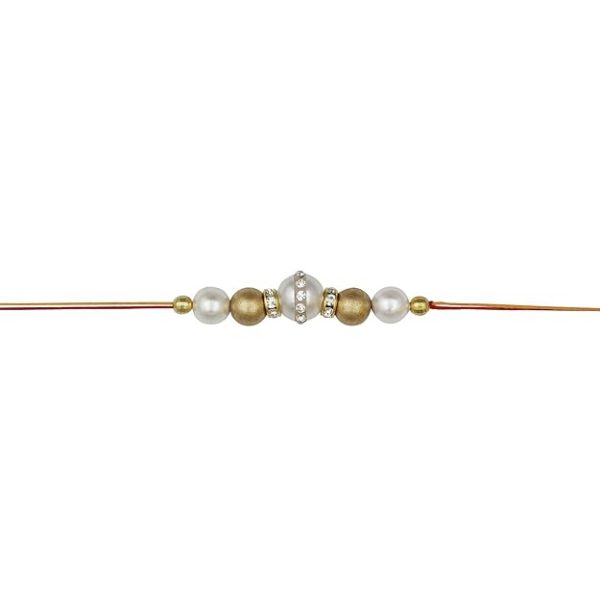 ACCESSHER Mens Traditional Gold & White Plated Stylish Beads Rakhi for Beloved Brother Pack of 2 with Roli Kumkum Packets and Happy Rakshabandhan Card - Image 3