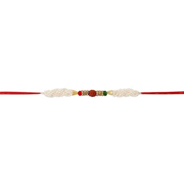 ACCESSHER Mens Traditional Elegant and Stylish Designer Pearl and Rudraksh Rakhi for Beloved Brother Pack of 6 with Roli Kumkum Packets and Happy Rakshabandhan Card - Image 3