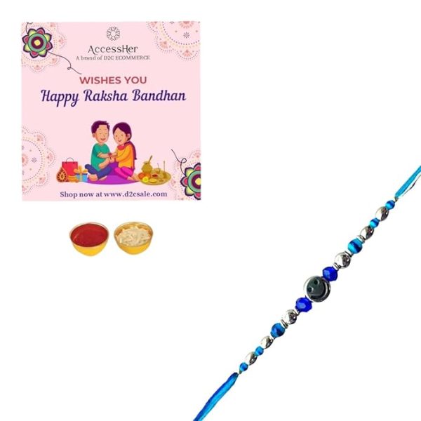 ACCESSHER Delicate Blue Beads Rakhi with Smiley Face for Beloved Brother, Kids Pack of 1/ Gifting with Roli Kumkum Packets & Happy Rakshabandhan Card - Image 3