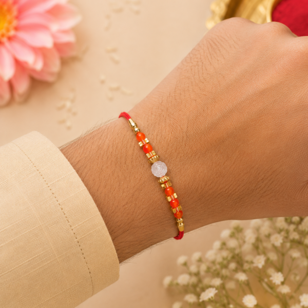ACCESSHER Traditional Orange Beaded Rakhi with Roli, Kumkum & Raksha Bandhan Greeting Card