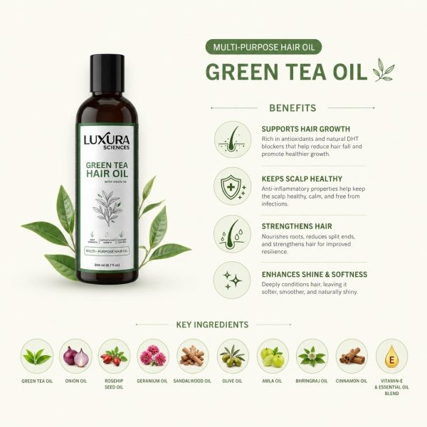 Luxura Sciences Green Tea Hair Oil with Onion Oil for Hair Nourishment & Improvement (200 ML)