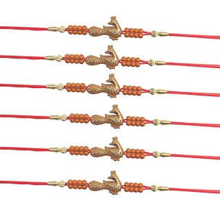 ACCESSHER Unisex Ethnic Meenakari Peacok Design Orange Rakhi for Bwloved Brother Pack of 6 & Gifting with Roli Kumkum Packets & Happy Rakshabandhan Card
