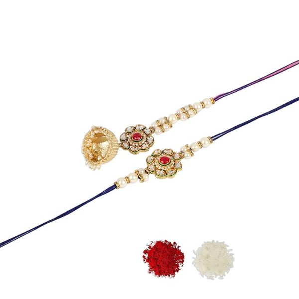 ACCESSHER Mens Gold Plated Bhaiyya Bhabhi Pink Enamel Kundan Lumba Rakhi for Beloved Brother Set of 2 with Roli/Kumkum Packets, Rice and Happy Raksha Bandhan Card - Image 4