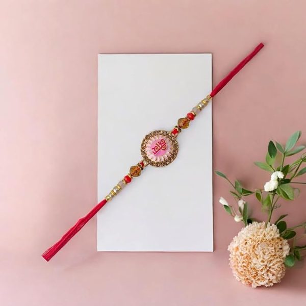 ACCESSHER Mens Pink Meenakari Work Quirky VEERA Text Rakhi for Beloved Brother & Gifting with Roli Kumkum Packets & Happy Rakshabandhan Card (Pink) - Image 2