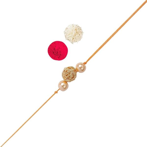 ACCESSHER Gold Plated Elegant Filigree Ball with Pearl Bhaiyya Bhabhi Rakhi for Beloved Brother with Roli Kumkum Packets and Happy Rakshabandhan Card | Rakhi For Brother - Image 2