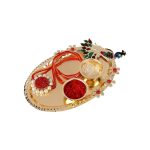 Accessher Traditional Stylish Quirky Druzy Stone Pearl Rakhi for Brother Pack of 1 with Metal Pooja Thali, Roli/Kumkum Packets, Rice and Happy Rakshabandhan Card.