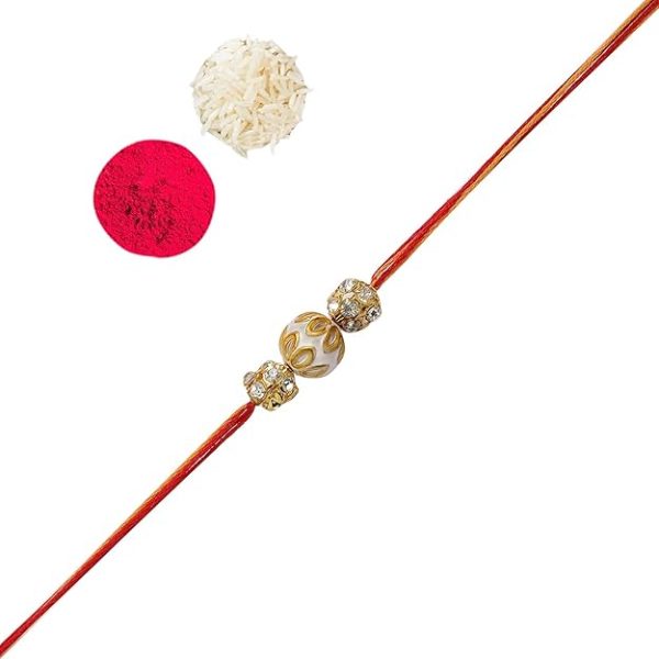 ACCESSHER Mens Traditional Gold Plated Elegant Bhaiyya Bhabhi Lumba Pearl Rakhi for Beloved Brother Pack of 1 with Roli Kumkum Packets and Happy Rakshabandhan Card - Image 3