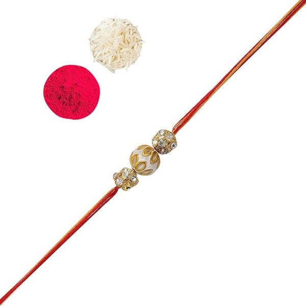 ACCESSHER Mens Traditional Gold Plated Elegant Bhaiyya Bhabhi Lumba Pearl Rakhi for Beloved Brother Pack of 1 with Roli Kumkum Packets and Happy Rakshabandhan Card - Image 2