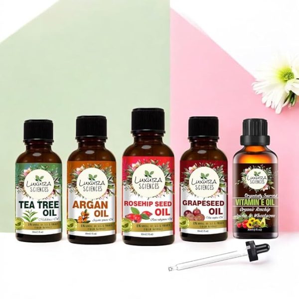 Luxura Sciences Organic Essential Oil Combo Pack of 5 - Daily Skin Health Essential Oil Set 5x15ml (Rosehip Seed, Argan, Tea Tree, Grape Seed, Vitamin E). - Image 2