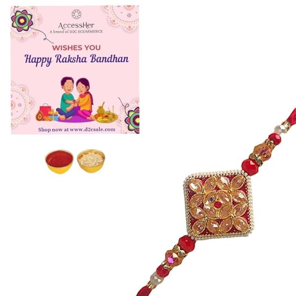 ACCESSHER Traditional Semi Precious Stones Studded Statement Rakhi for Beloved Brother & Gifting with Roli Kumkum Packets & Happy Rakshabandhan Card - Image 2