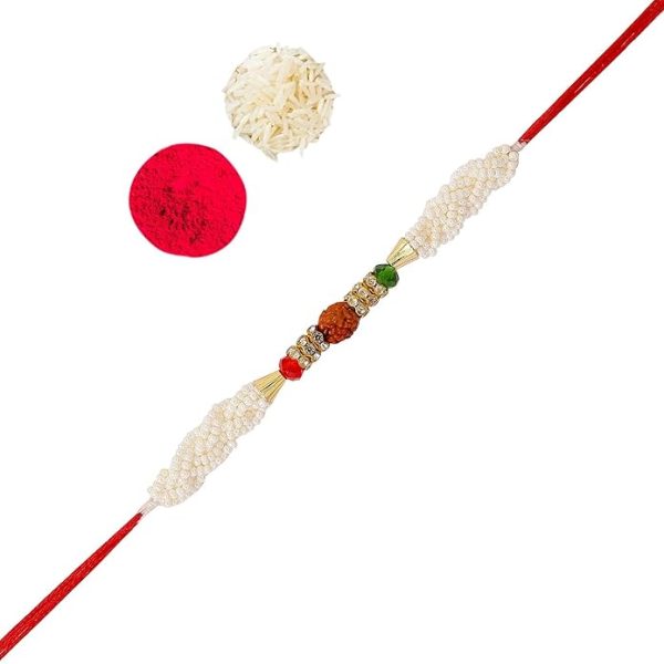 ACCESSHER Mens Traditional Elegant and Stylish Designer Pearl and Rudraksh Rakhi for Beloved Brother Pack of 6 with Roli Kumkum Packets and Happy Rakshabandhan Card - Image 2