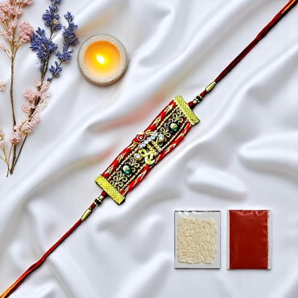 ACCESSHER Mens Traditional Red Stylish Deity Ganesha Lace Rakhi for Beloved Brother Pack of 1 with Roli Kumkum Packets and Happy Rakshabandhan Card - Image 2