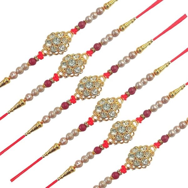 ACCESSHER Mens Semi Precious Red Stones Studded Deliate Rakhi for Beloved Brother Pack of 6 & Gifting with Roli Kumkum Packets & Happy Rakshabandhan Card - Image 3